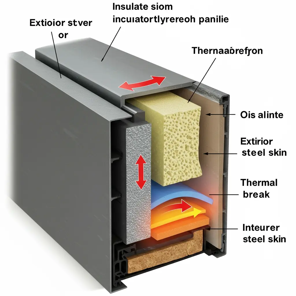 A cutaway view of a three-layer insulated garage door panel, showing internal construction.