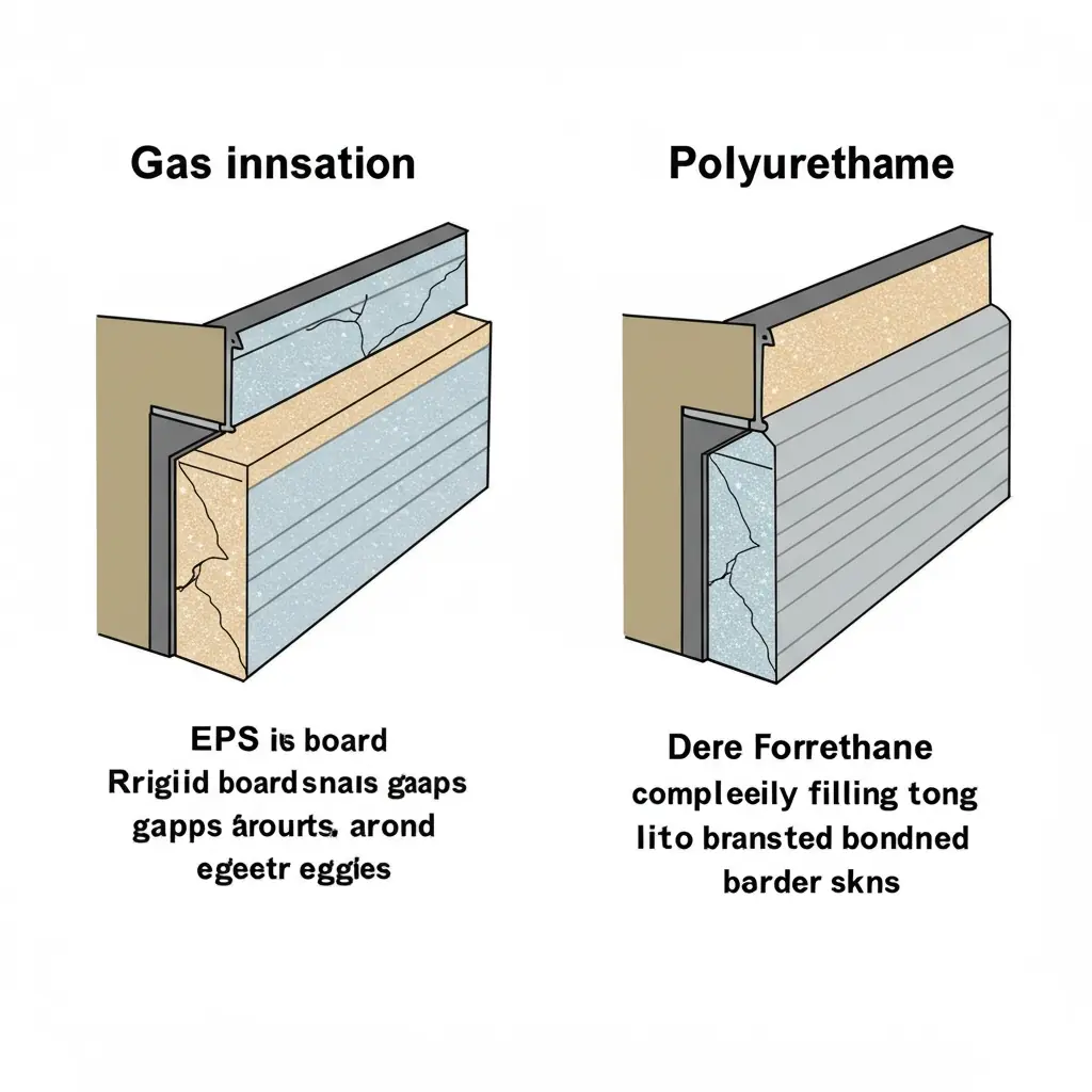 A side-by-side comparison showing the inside of a polystyrene panel versus a polyurethane-filled panel, highlighting insulation types.
