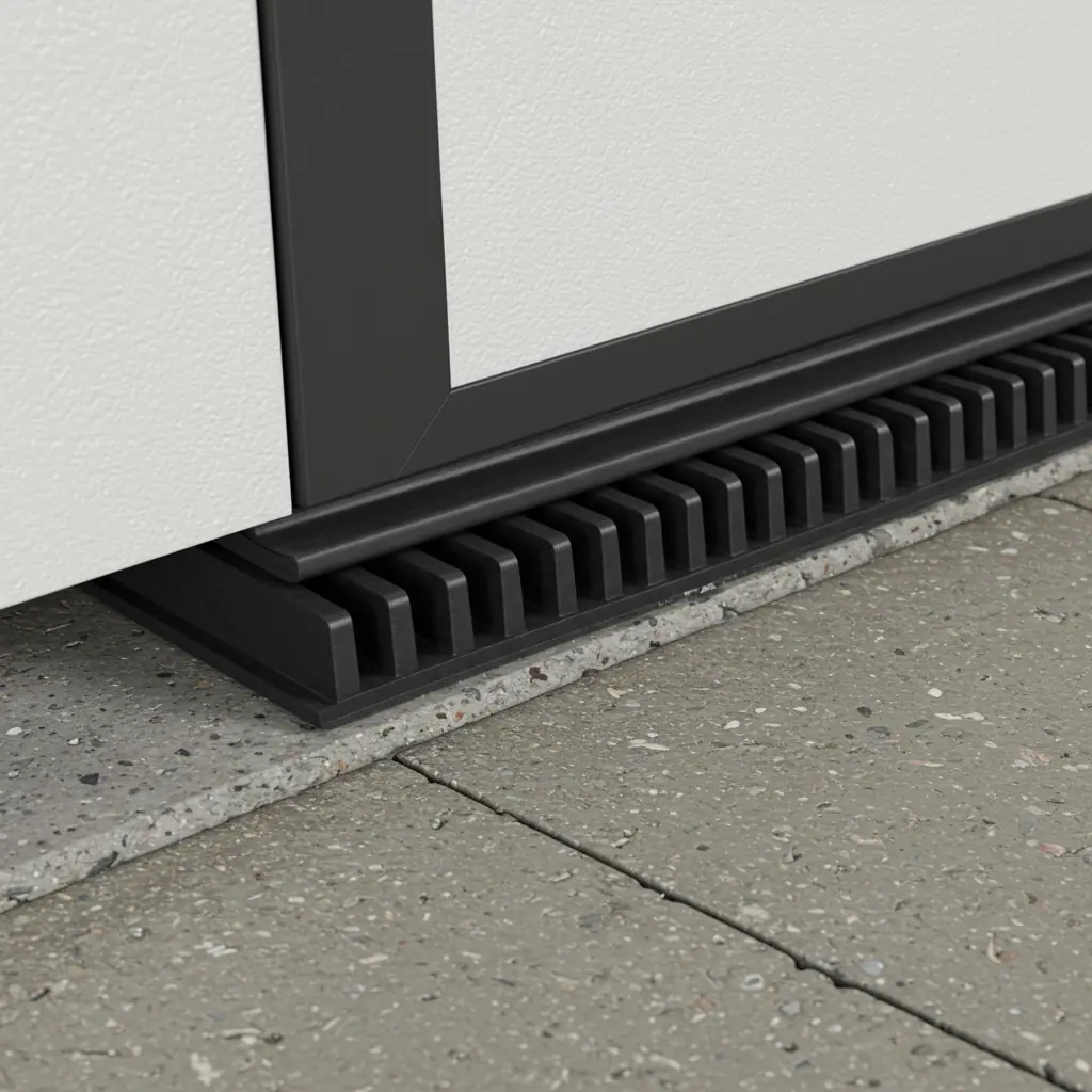 A close-up of a high-quality bottom seal on a garage door, demonstrating crucial weatherproofing.
