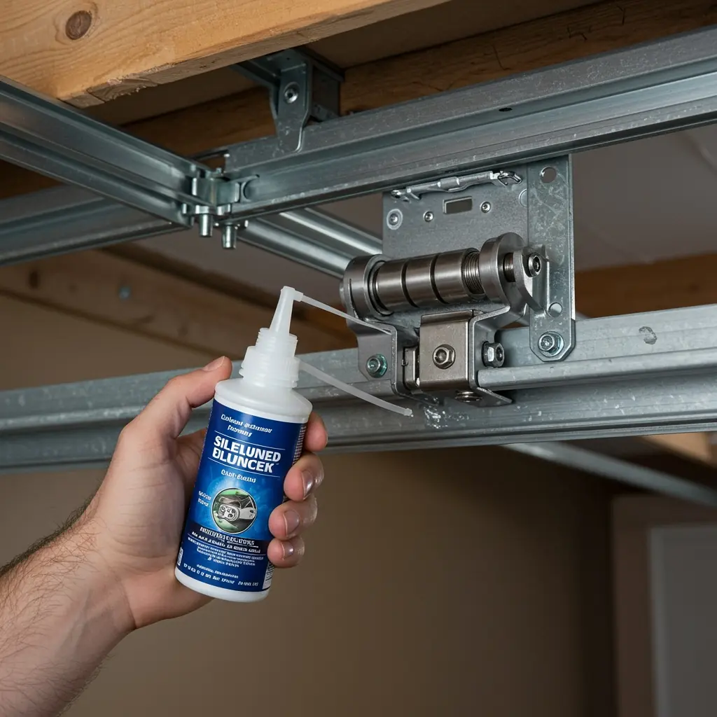 A homeowner performing a visual inspection on their garage door, demonstrating routine maintenance.
