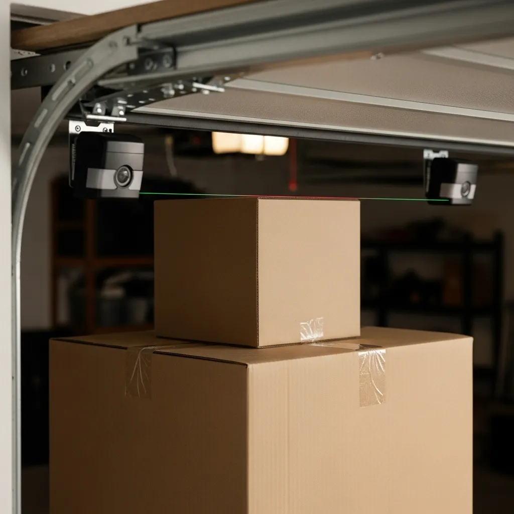 A clear, close-up photo showing a sturdy cardboard box placed directly in the path of a garage door safety sensor beam.