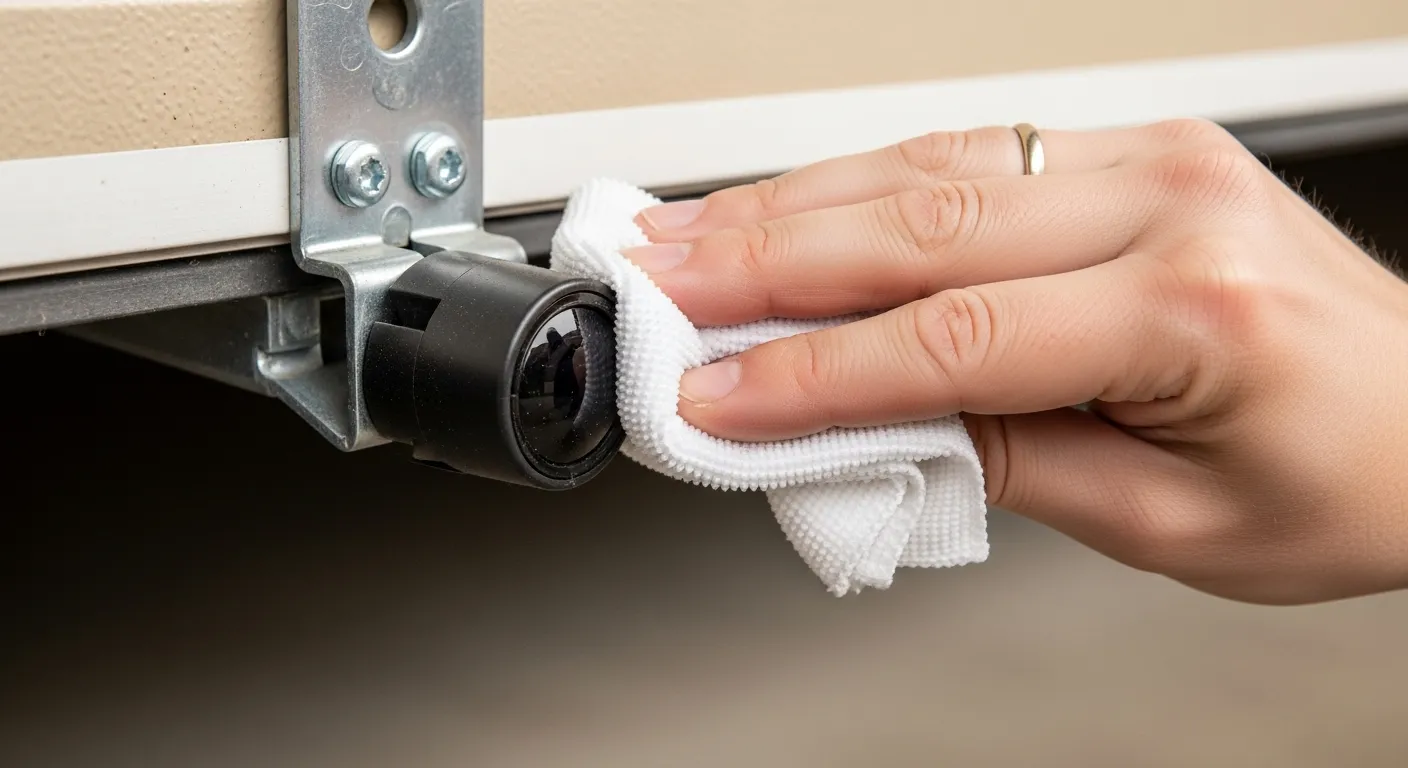 A close-up, high-definition photo showing a hand gently wiping the lens of a garage door safety sensor with a soft, clean cloth.
