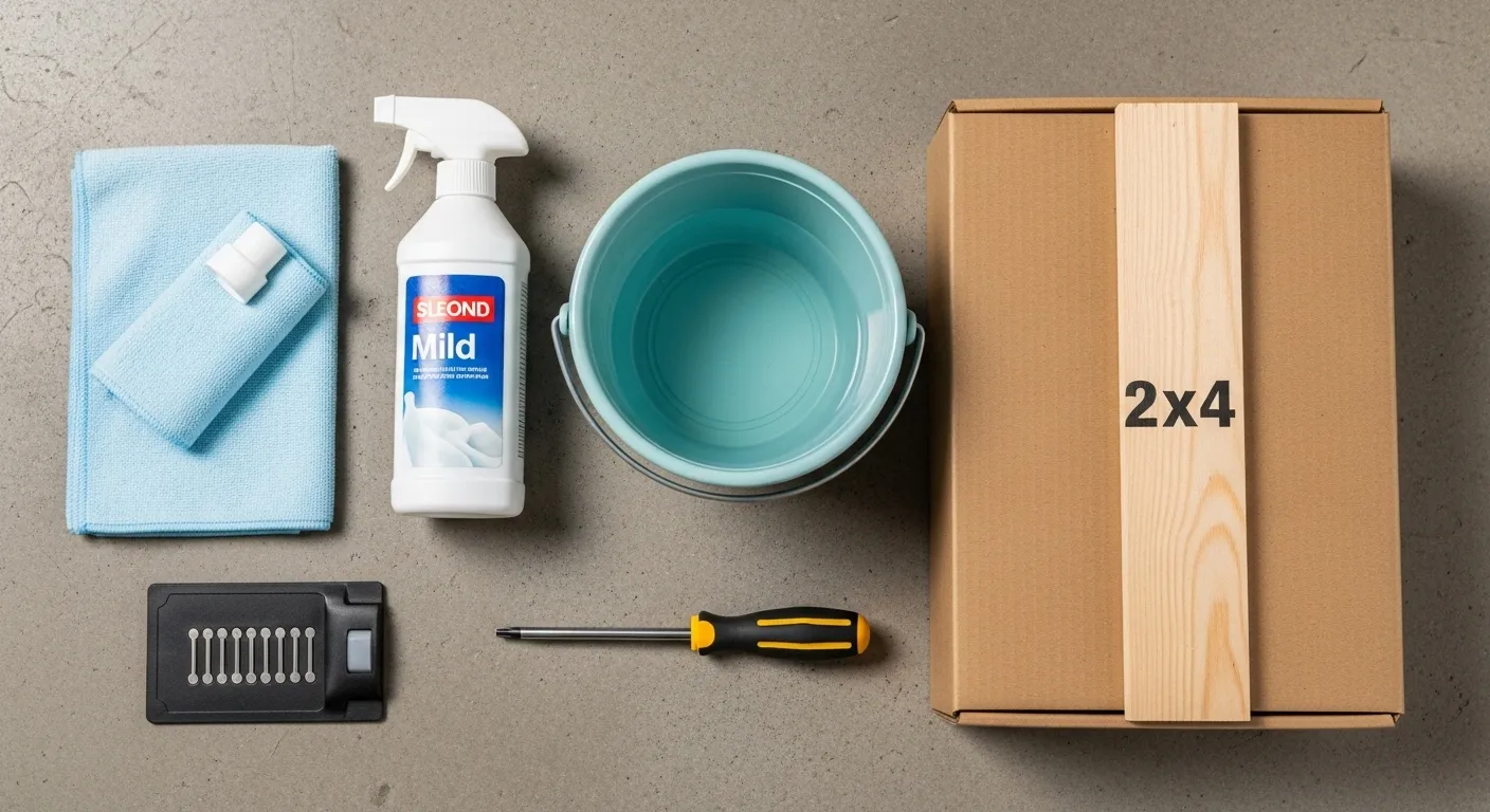 A flat lay photo of essential tools for garage door sensor maintenance and testing.