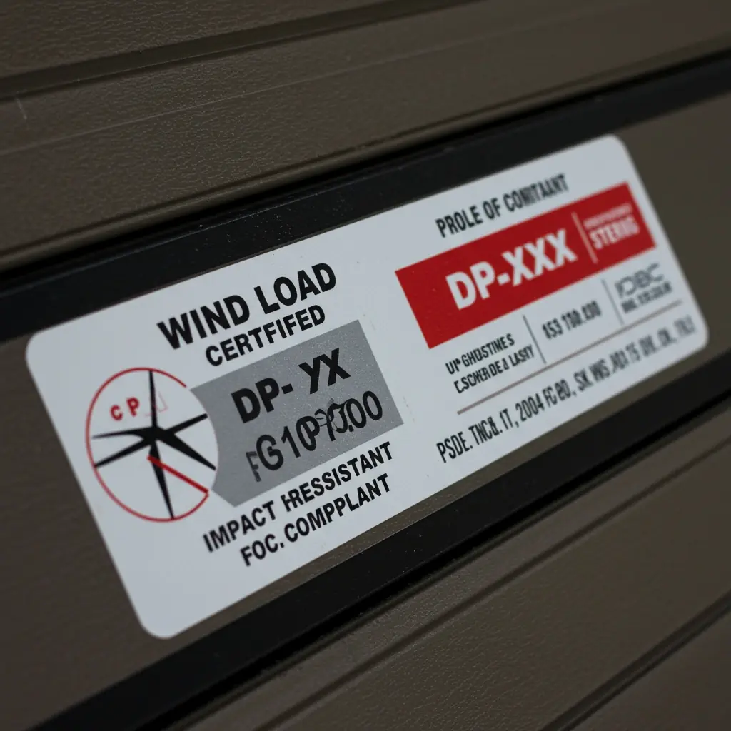 A certification sticker or label on a windcode garage door.