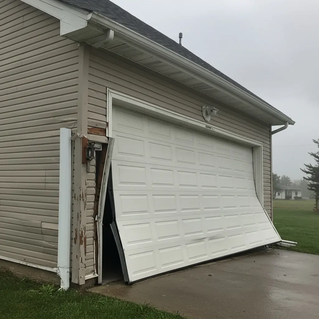 A strong windcode-rated garage door withstanding high winds during a storm.