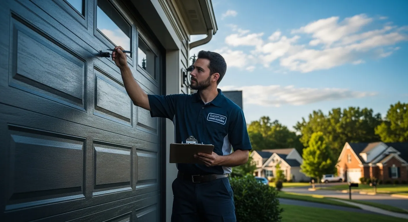 A professional garage door technician assessing a garage door in an Ellicott City, MD neighborhood, highlighting local service for garage door repair Ellicott City.