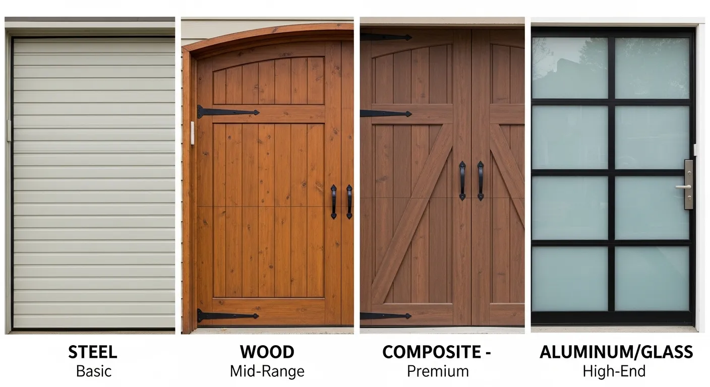 Collage of different garage door materials and styles, emphasizing garage door replacement cost implications.
