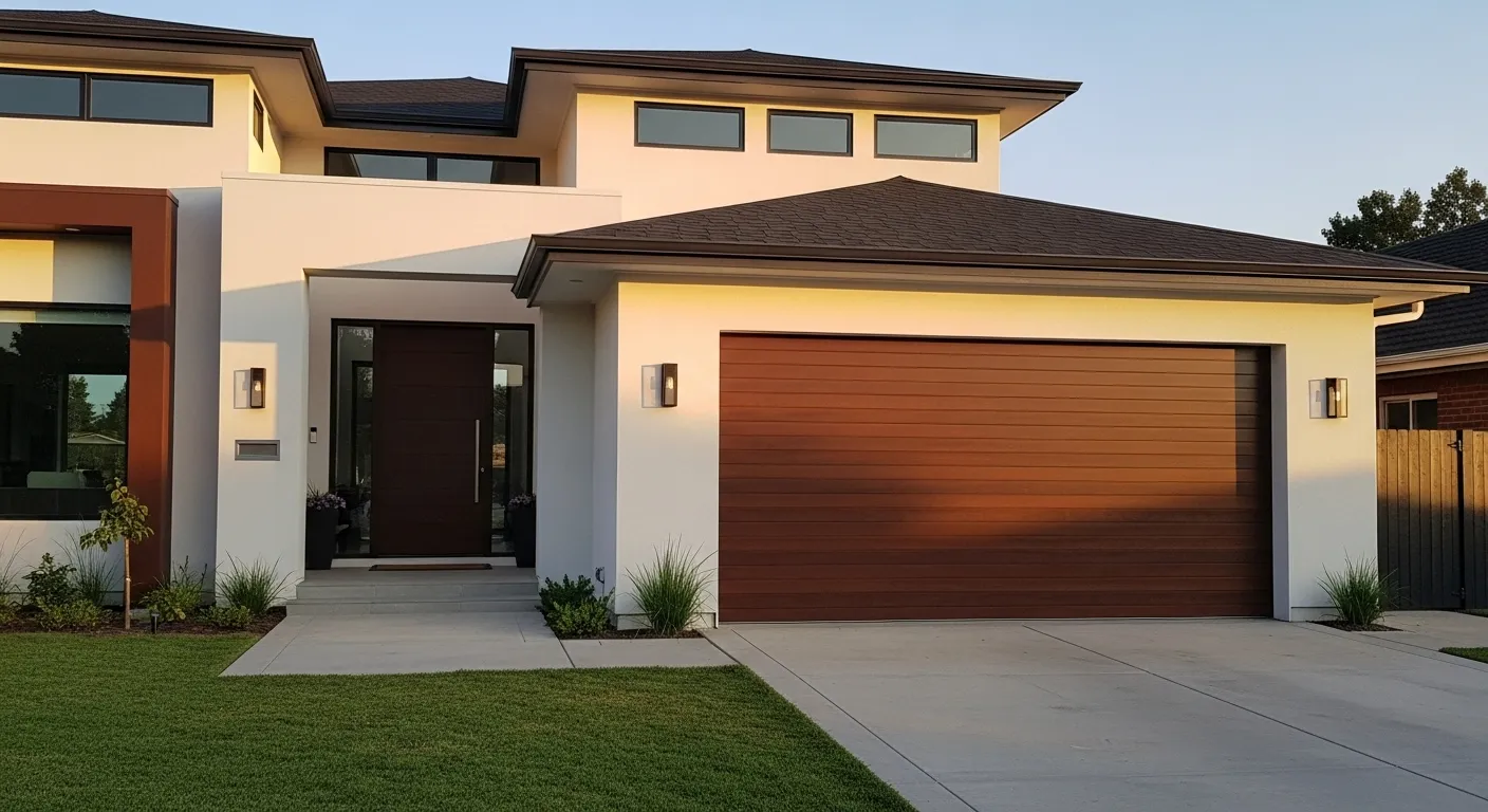 A new insulated garage door enhancing a home's curb appeal, influencing overall garage door cost.