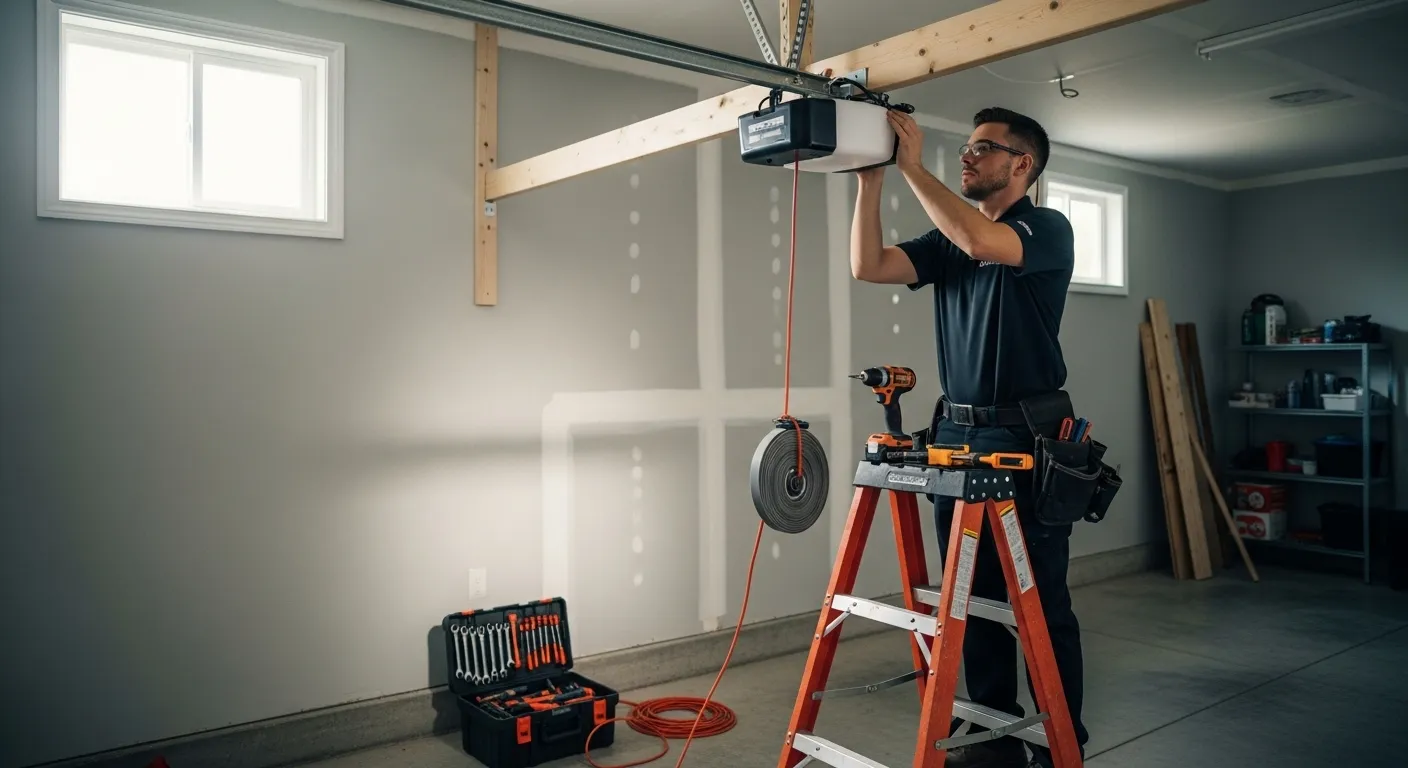 Professional garage door opener installation showing technician at work, illustrating typical garage door opener installation cost.