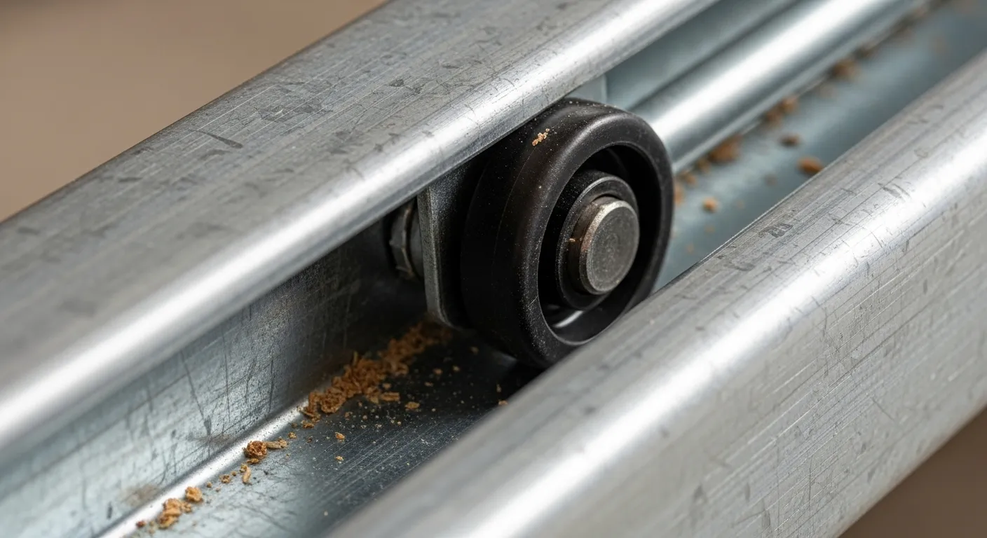 A close-up of a garage door track with a slightly misaligned roller, highlighting a common issue requiring garage door repair in Carson City NV.