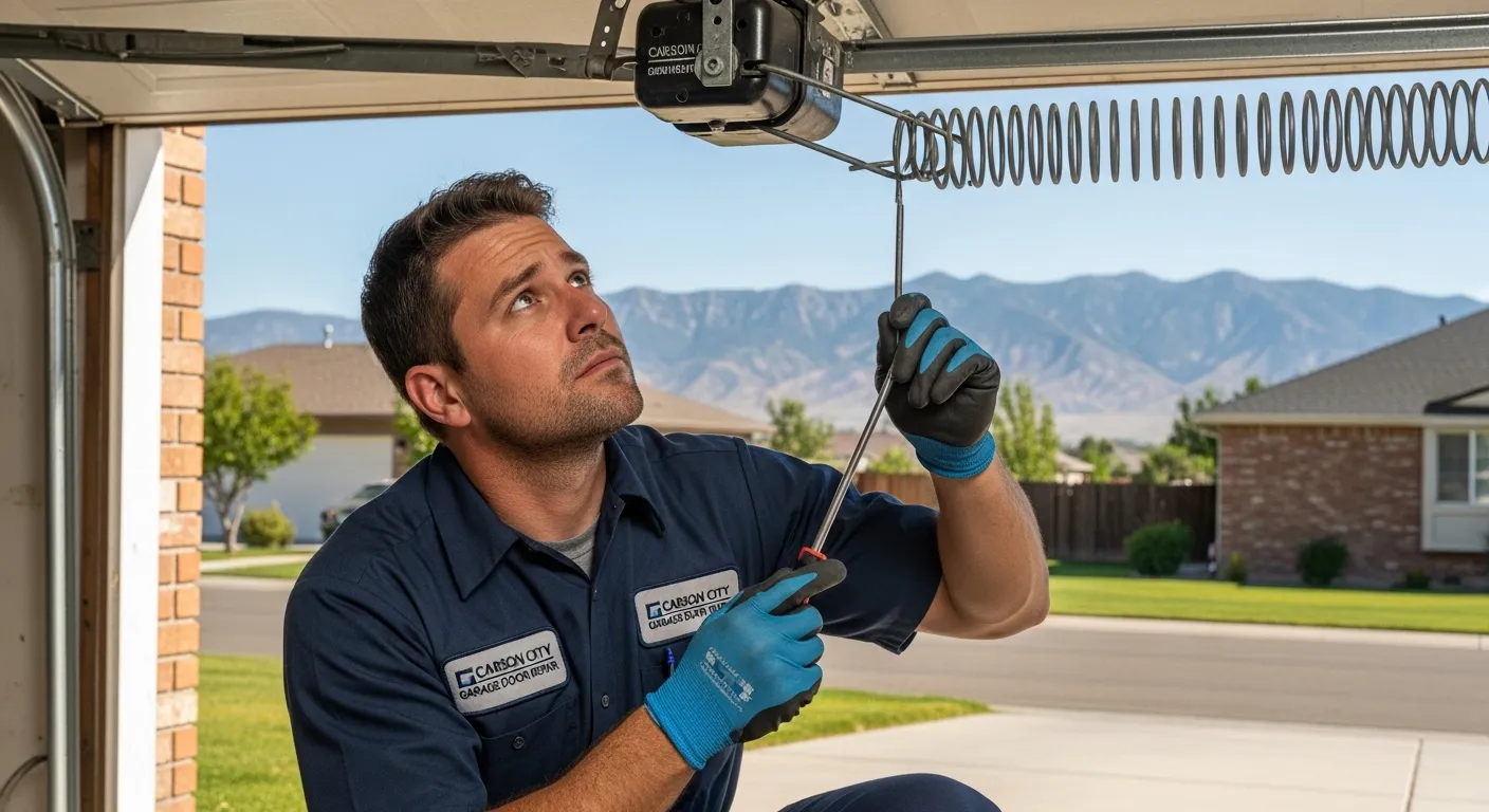 Carson City garage door repair technician inspecting a broken torsion spring for a repair.