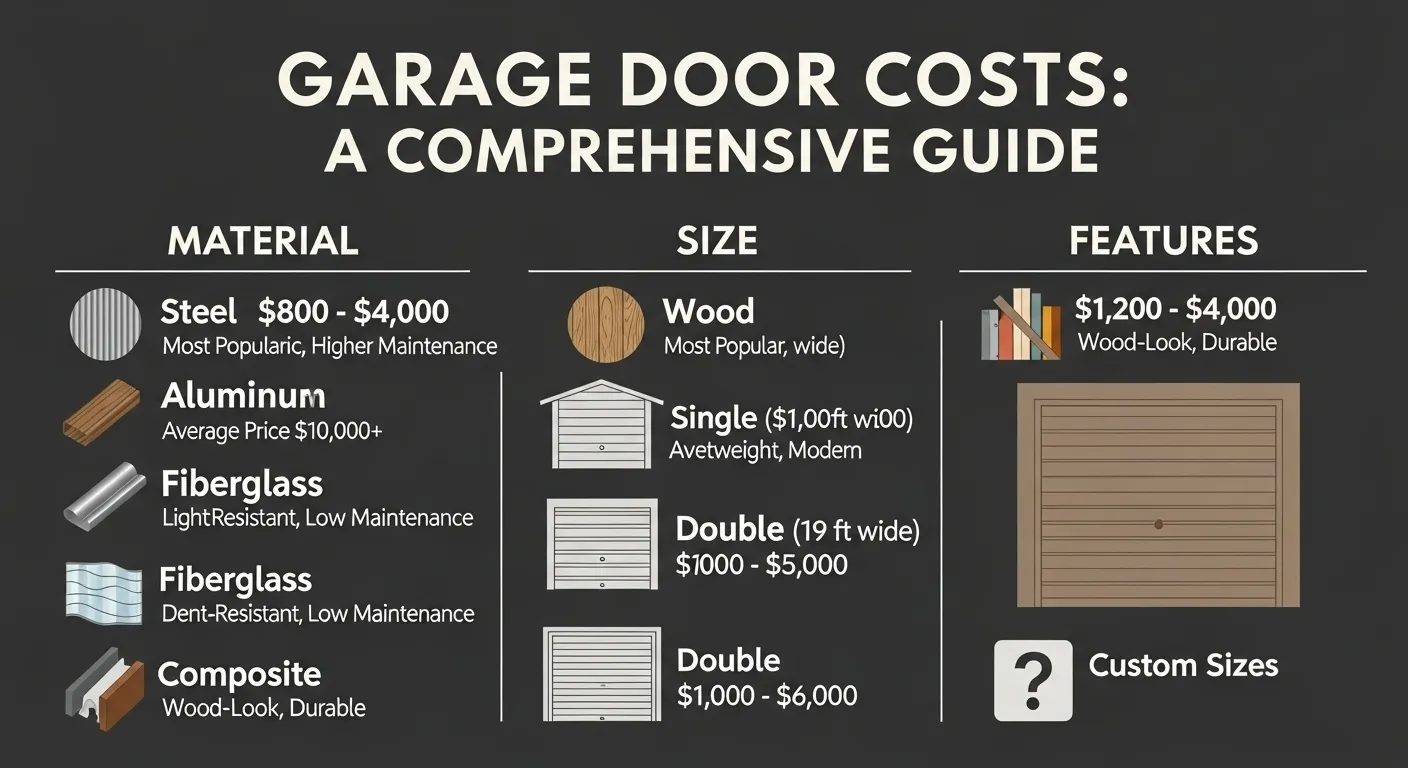 A detailed infographic showing the average breakdown of how much garage doors cost based on material, size, and added features, making the pricing clear.